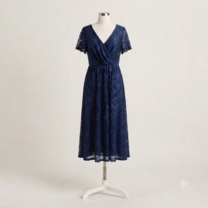 a.Jesdani Navy Blue Floral Lace Wrap V-Neck High-Low Maxi Dress Plus Size 1X NWT
